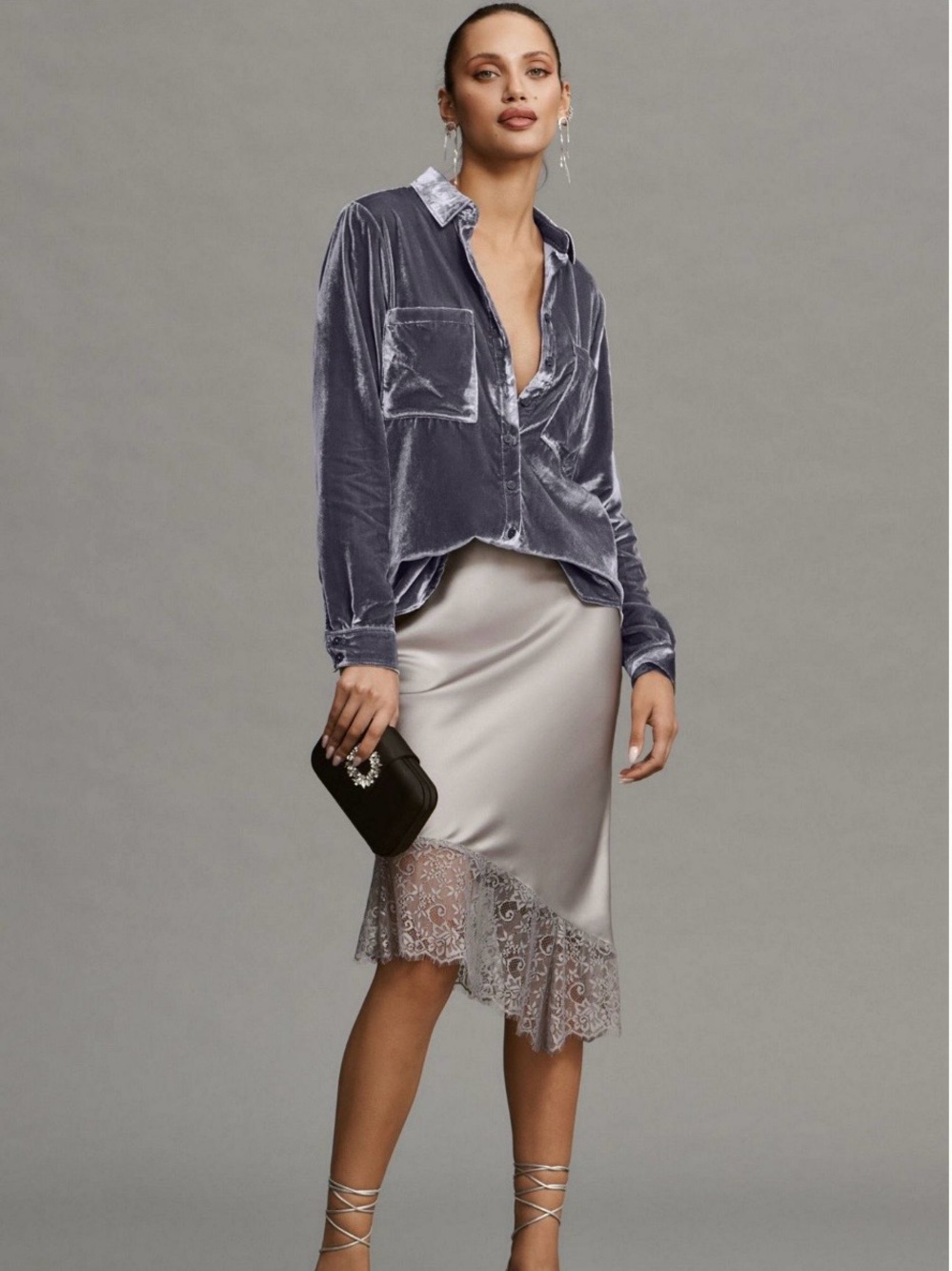 Women's Velvet Button-Down Shirt Jacket - Slate Purple - Picture 3 of 4
